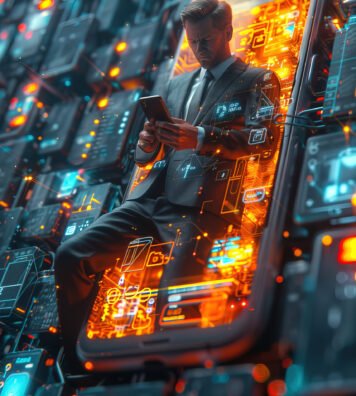 The Engineer comes out of the phone. Create a 3D image of a Engineer character stepping out of a giant smartphone, holding a smartphone, with a app interface on the screen. The businessman should be wearing a suit, with clear, well-defined features and no facial details necessary. --ar 2:3 --style raw --stylize 500 --v 6 Job ID: 2055f6ac-6b69-45b5-a28e-9bd0729d0118